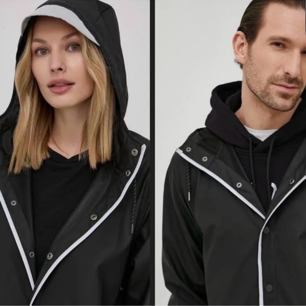 NWT RAINS Hooded Jacket Reflective Unisex Black Long Waterproof Coat
